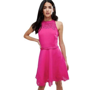 Ted Baker Zaffron Embroidered Skater Dress Fuchsia Pink Size 8 Party Lace $295